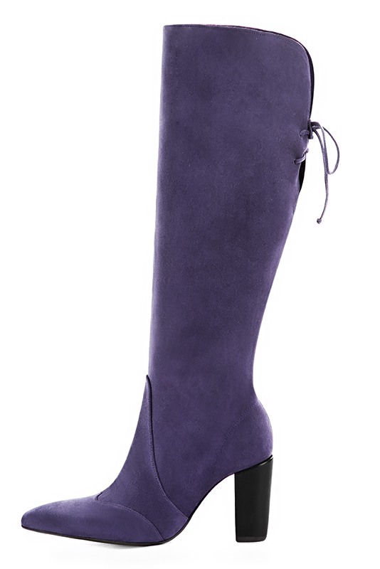 Lavender purple women's knee-high boots, with laces at the back. Tapered toe. Very high block heels. Made to measure. Profile view - Florence KOOIJMAN